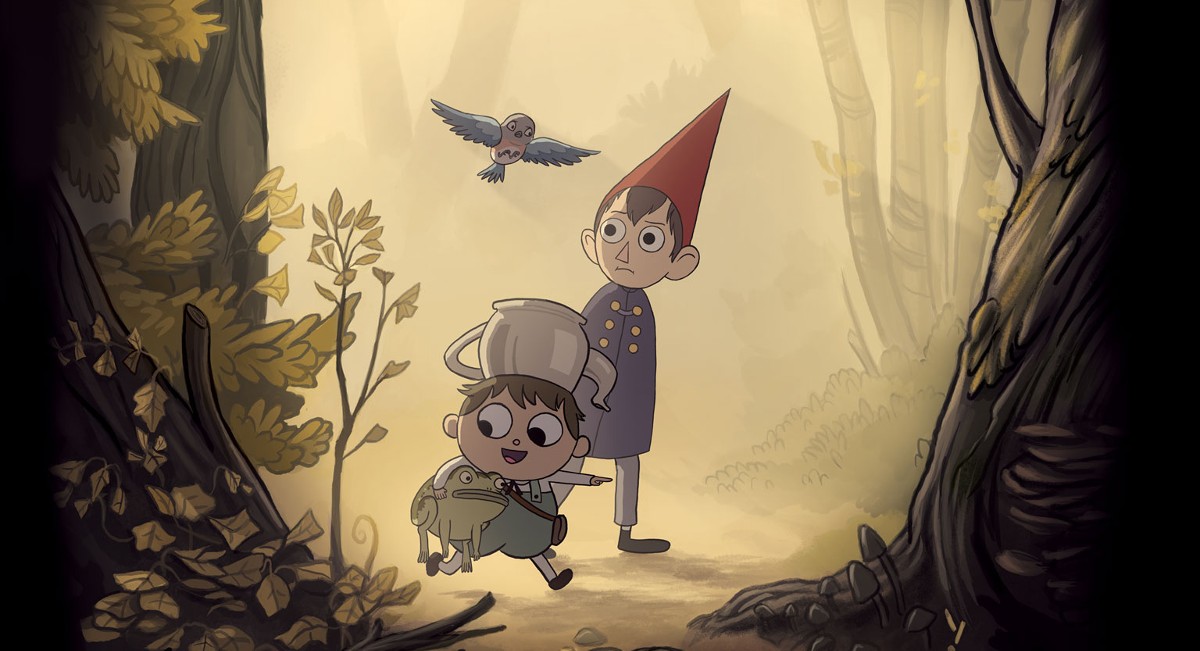 Two animated kids walk through an autumn wood with a bird and a frog in 'Over the Garden Wall.'