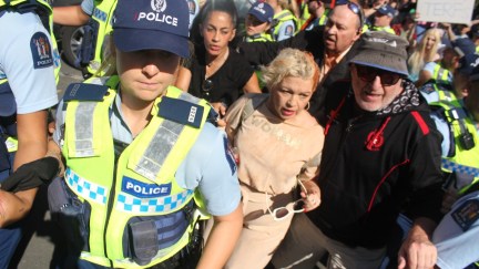 Photo of Posie Parker being arrested by Auckland police