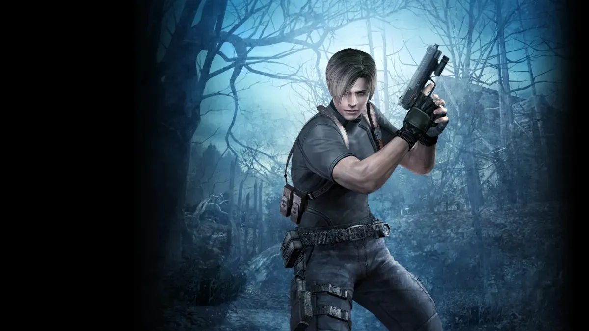 Leon S. Kennedy stands in the woods with a gun drawn in "resident evil 4"