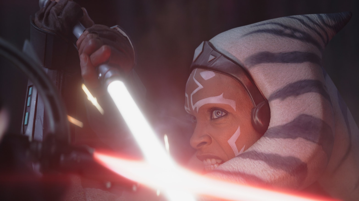 Ahsoka Tano (Rosario Dawson) engages in a lightsaber duel with an unseen foe in 'Ahsoka'