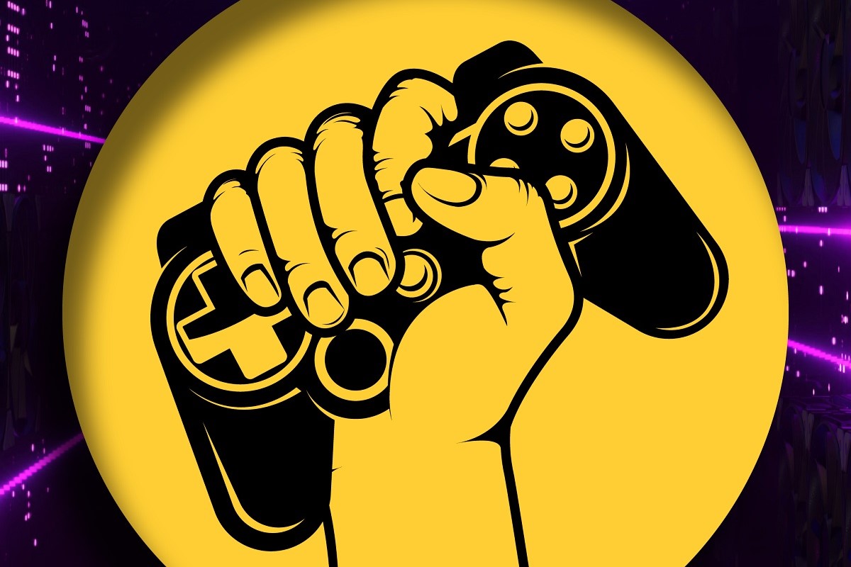 SAG-AFTRA graphic representing their Interactive Media (Video Game) contract. It is a yellow circle over a purple and black rectangular background. In the yellow circle is an illustration of a fist clutching a game controller.