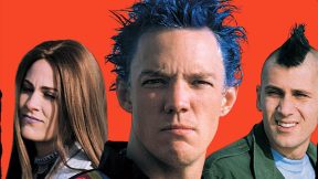 A woman with long hair and two men with spiked punk hair in 'SLC Punk.'
