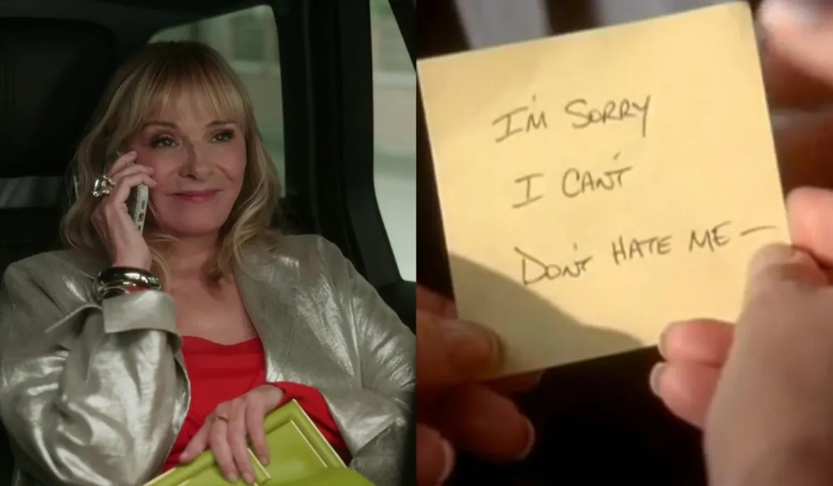 Samantha Jones talking on her cell phone and smiling, next to Carrie's breakup post-it.