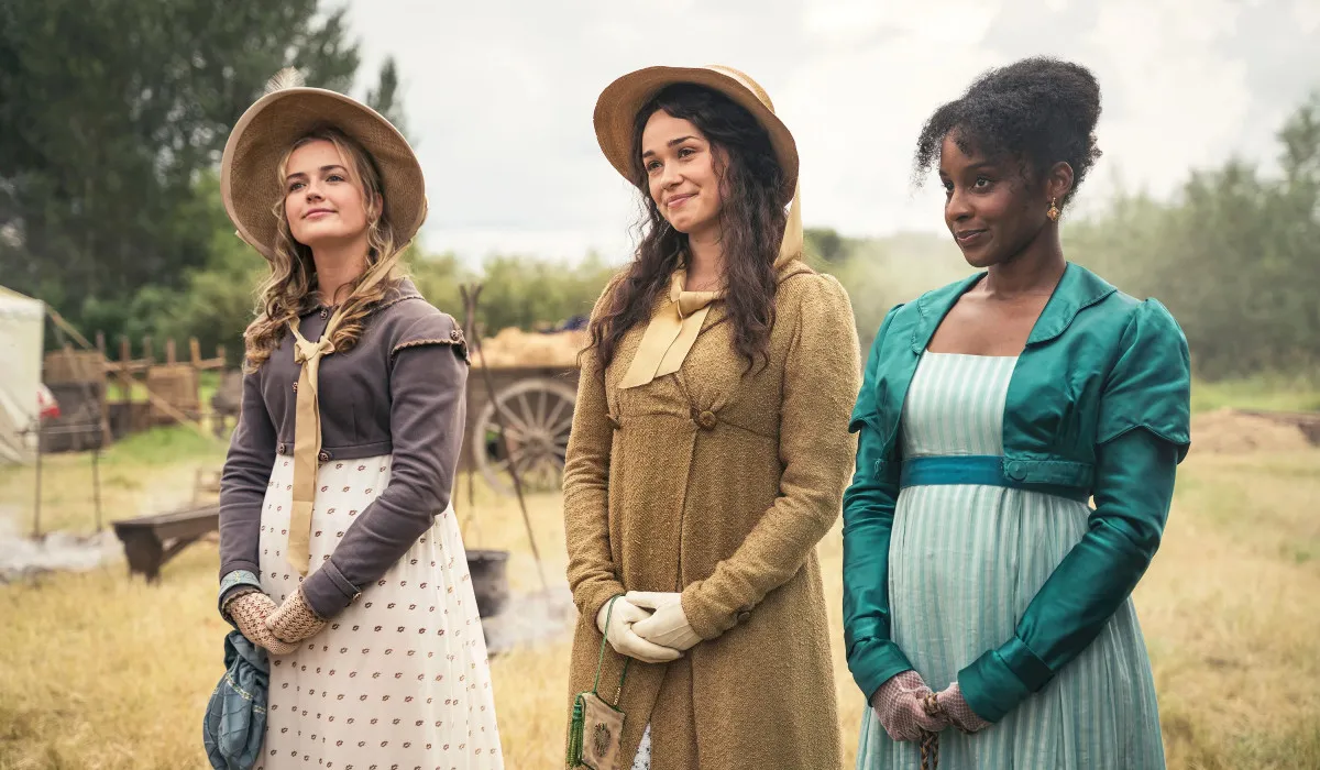 Rosie Graham as Alison Heywood, Rose William as Charlotte Heywood and Crystal Clarke as Georgiana Lamb in Sanditon Season 2