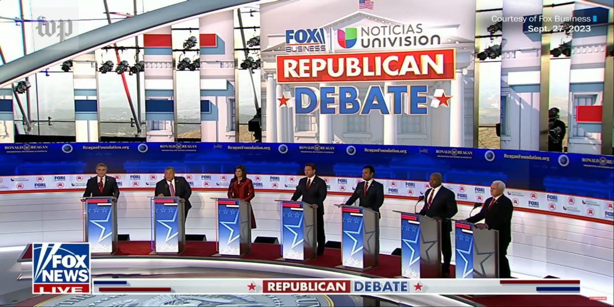 GOP Debates hosted by Fox News featuring all candidates standing on the stage.