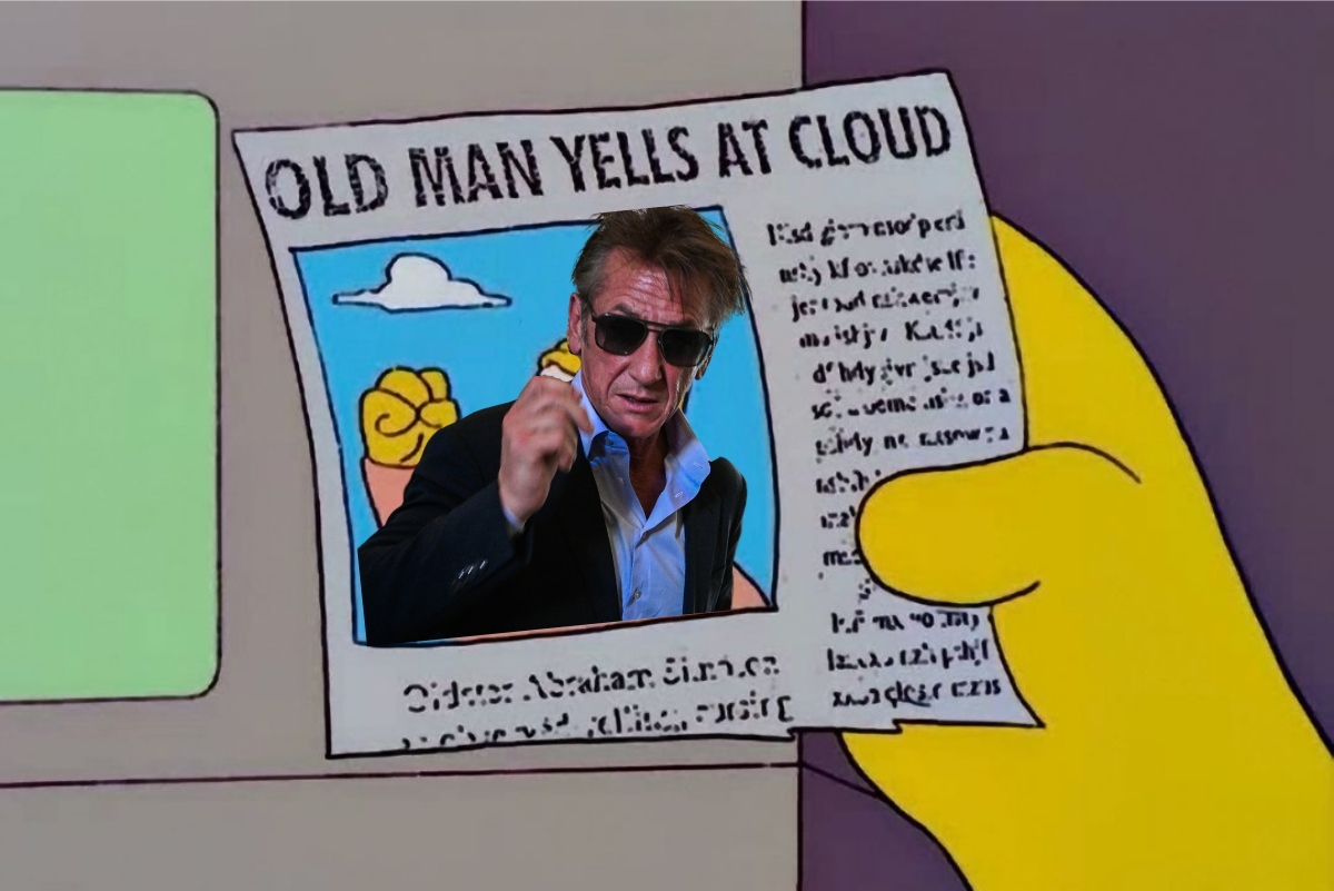 A still from the Simpsons showing a newspaper article that says "Old Man Yells at Cloud," edited to show Sean Penn's face.