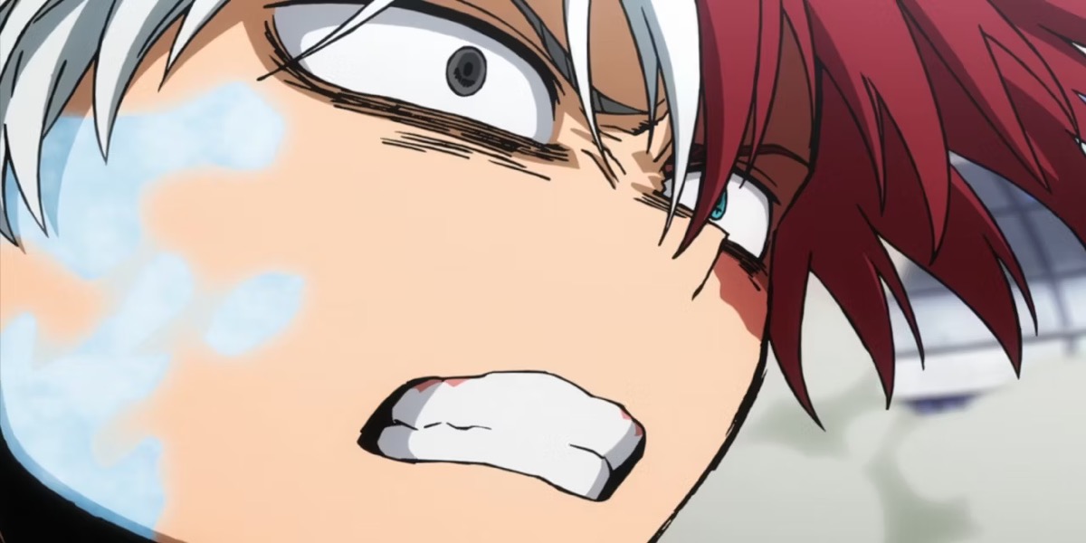 Shoto Todoroki grimaces with ice on his face in "My Hero Academia" 