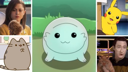 Moopsy, a round creature with a cute face, surrounded by a tribble, Pusheen, Pikachu, and Data holding his cat Spot.
