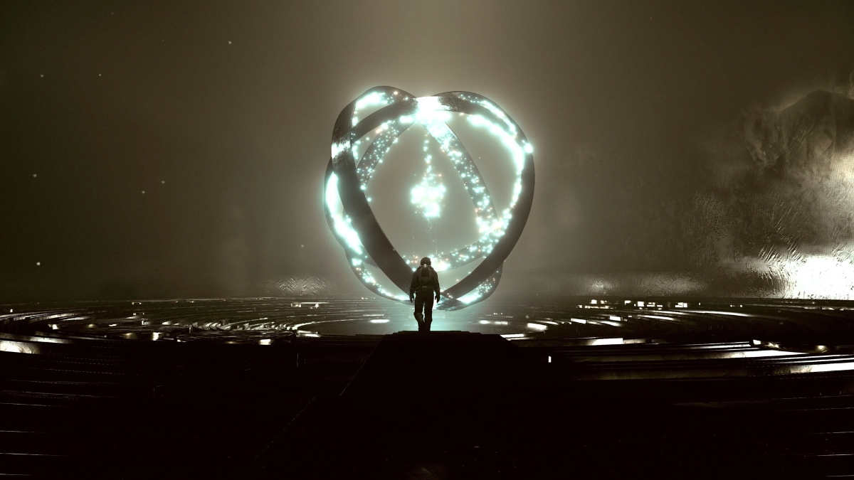 A person in a spacesuit and a large, glowing, metal object from Starfield