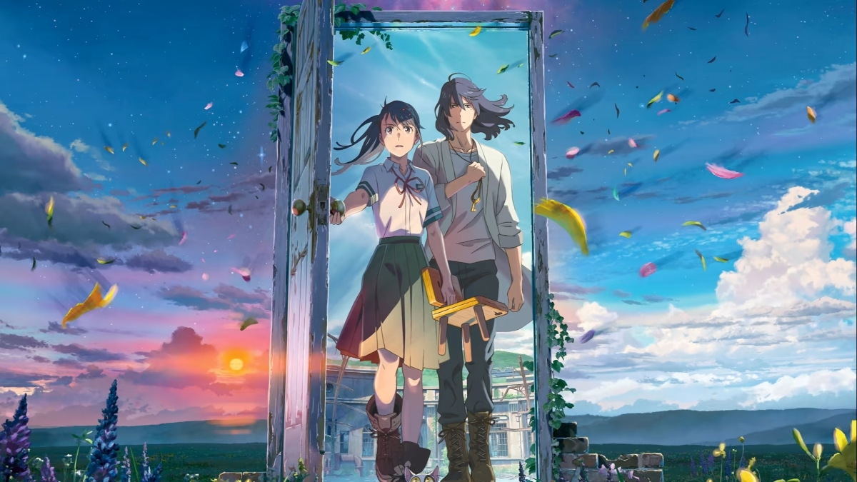 a teen girl and boy opening a door in a free-standing frame to a lush pastoral environment which is dramatically different from the environment behind them seen on the other side of the doorway