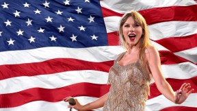 Taylor Swift standing in front of an American flag