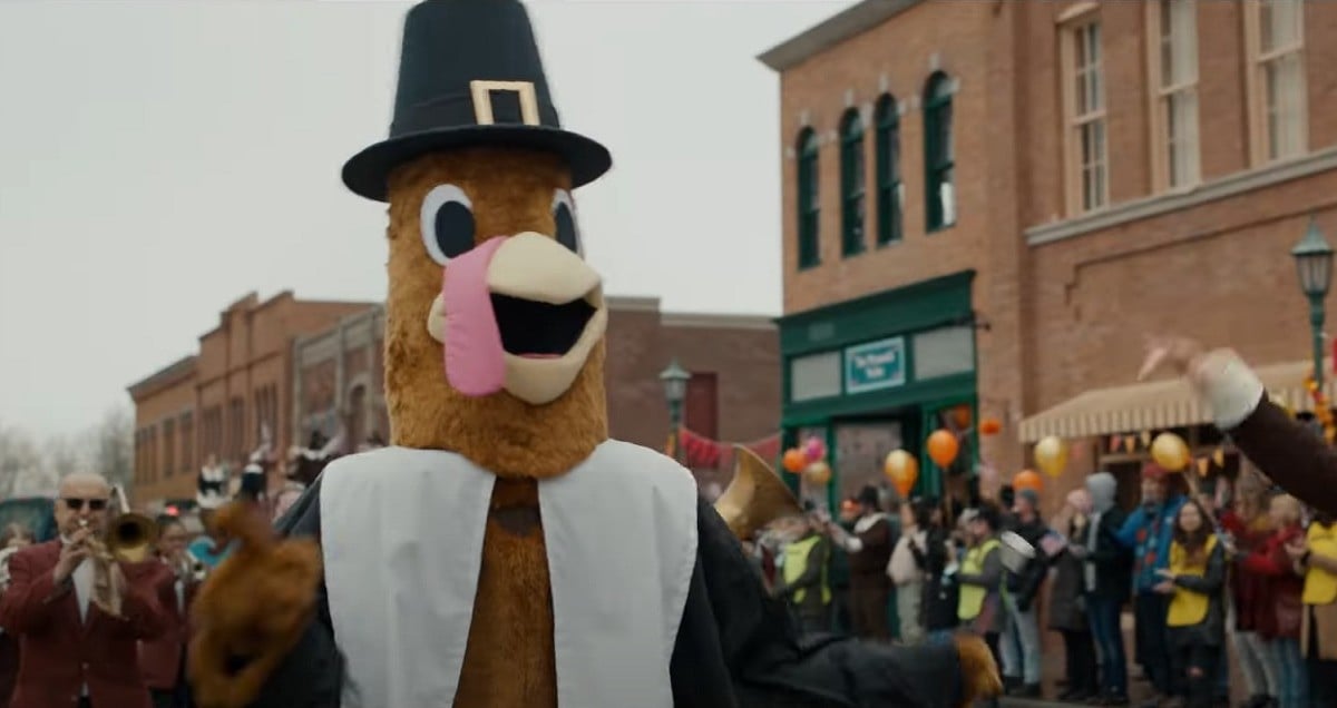 A turkey mascot in the slasher film 'Thanksgiving'