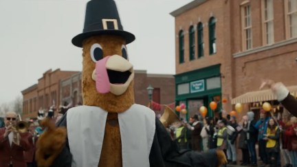 A turkey mascot in the slasher film 'Thanksgiving'
