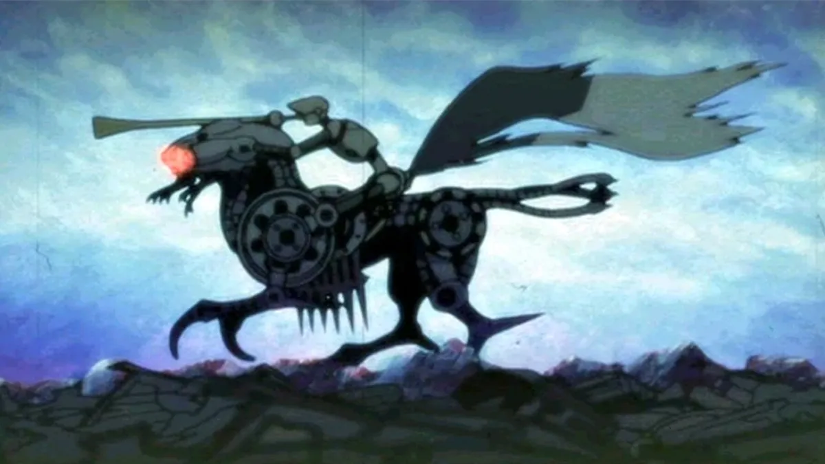 A robot horseman rides a robot horse in "The Animatrix: Second Renaissance"
