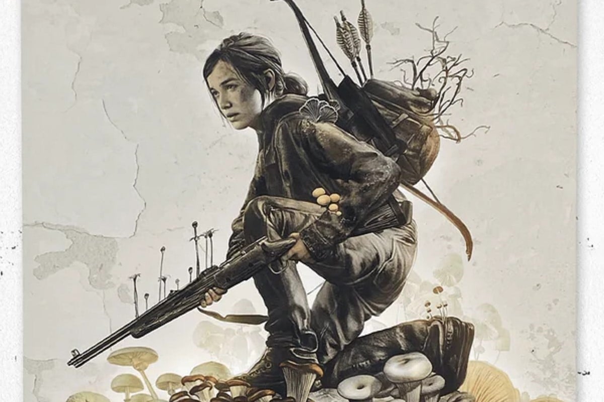 Illustration by Greg Ruth of Ellie from the video game 'The Last of Us' down on one knee holding a rifle while wearing a backpack and other weapons as she looks ahead ready for action. 