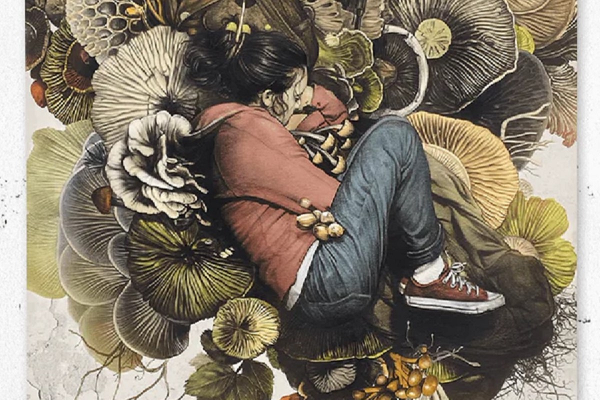 Illustration by Greg Ruth of Bella Ramsey's Ellie from the HBO show 'The Last of Us' curled up in the fetal position sleeping in a bed of mushrooms. 