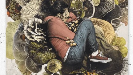 Illustration by Greg Ruth of Bella Ramsey's Ellie from the HBO show 'The Last of Us' curled up in the fetal position sleeping in a bed of mushrooms.