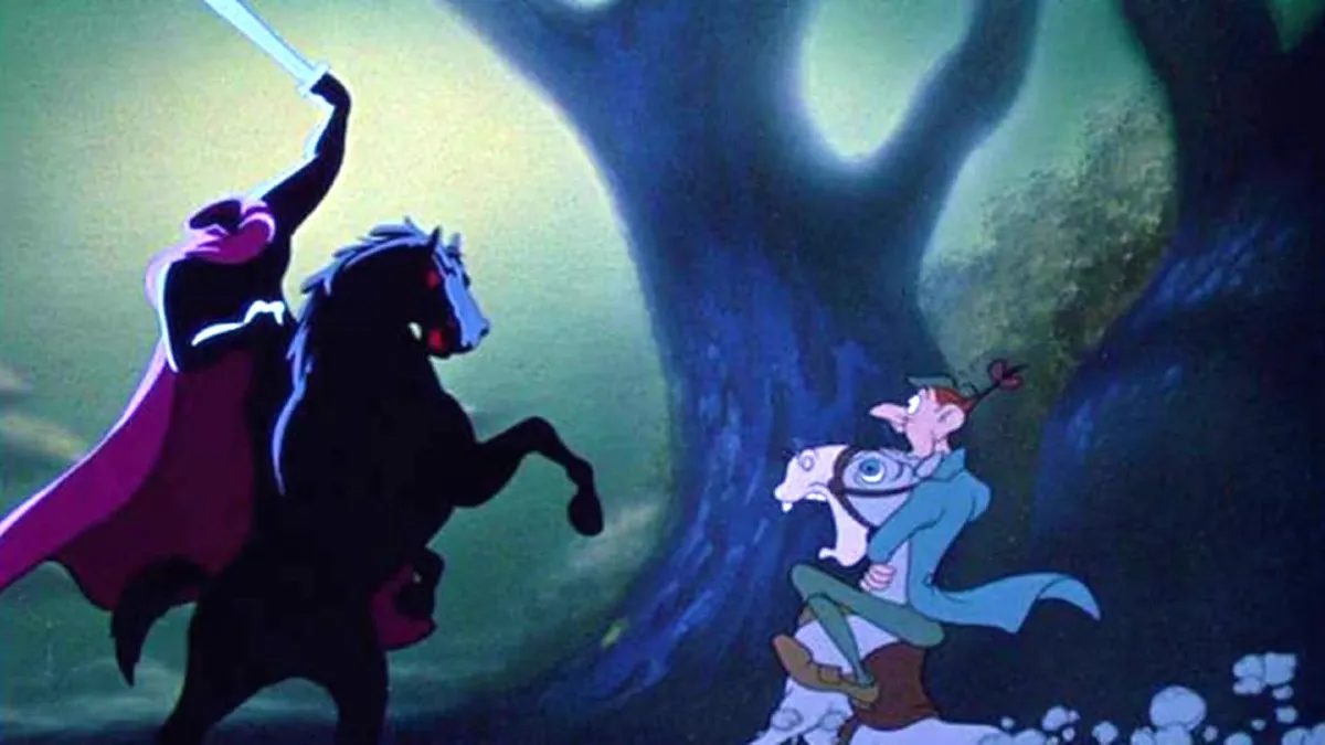 A headless rider on a horse scares a man in the woods in 'The Adventures of Ichabod and Mr. Toad.'