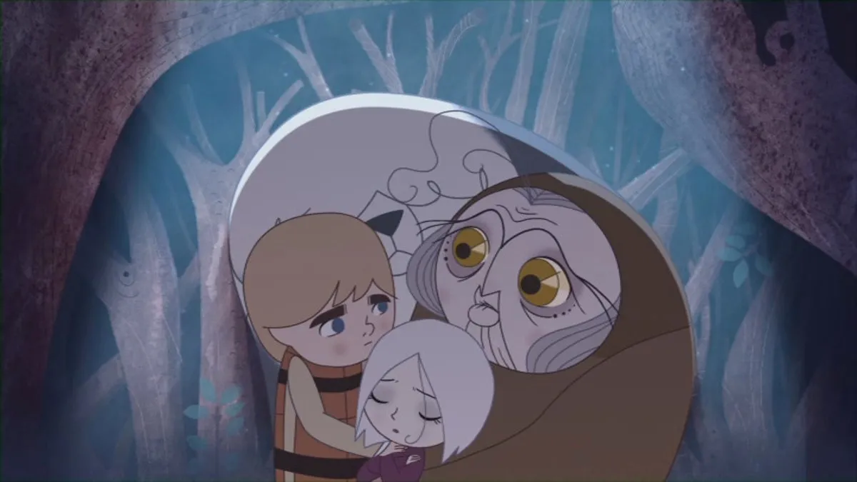 Two children, a dog, and old woman huddle together in 'The Song of the Sea.'