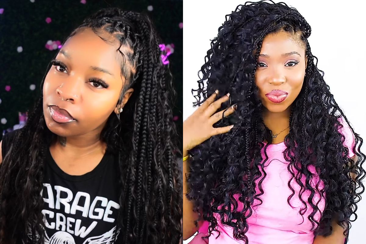Two Black YouTube hair experts showing Goddess Braids (also known as G-word Braids and BoHo Braids). 