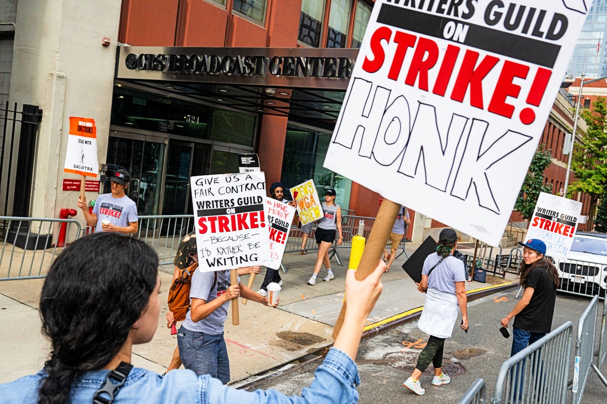 WGA picketers outside of The Drew Barrymore Show