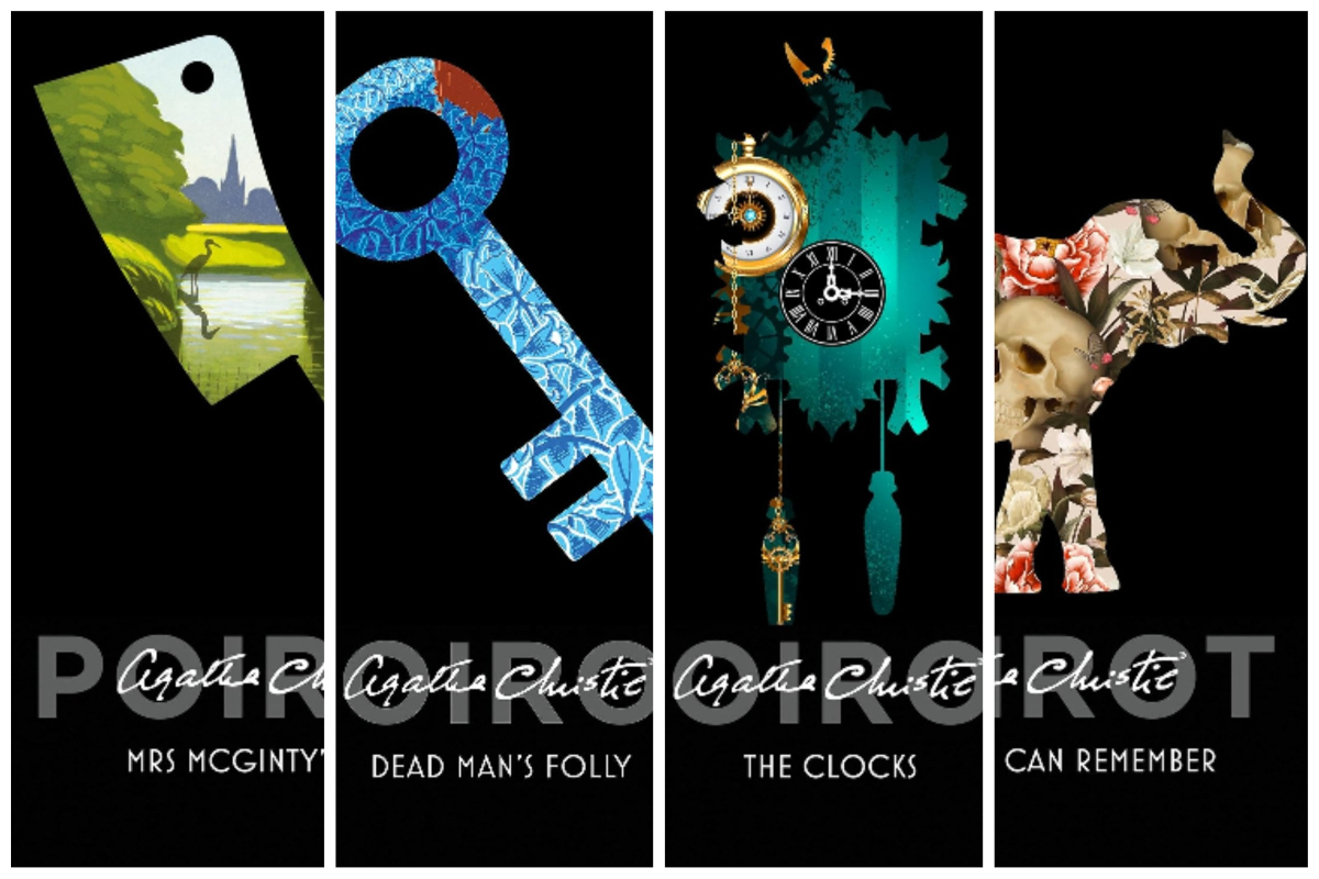 The covers of four Poirot novels; Mrs. McGinty's Dead Man's Folly, The Clocks Elephant's Can Remember.