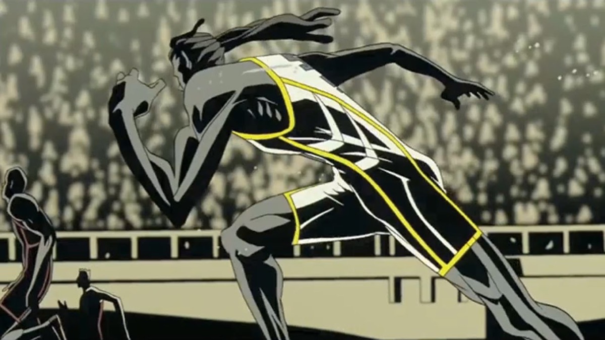 a sprinter runs in front of a stadium crowd in "the animatrix: world record"
