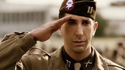 Captain Herbert Sobel (played by David Schwimmer) saluting in 'Band of Brothers'.