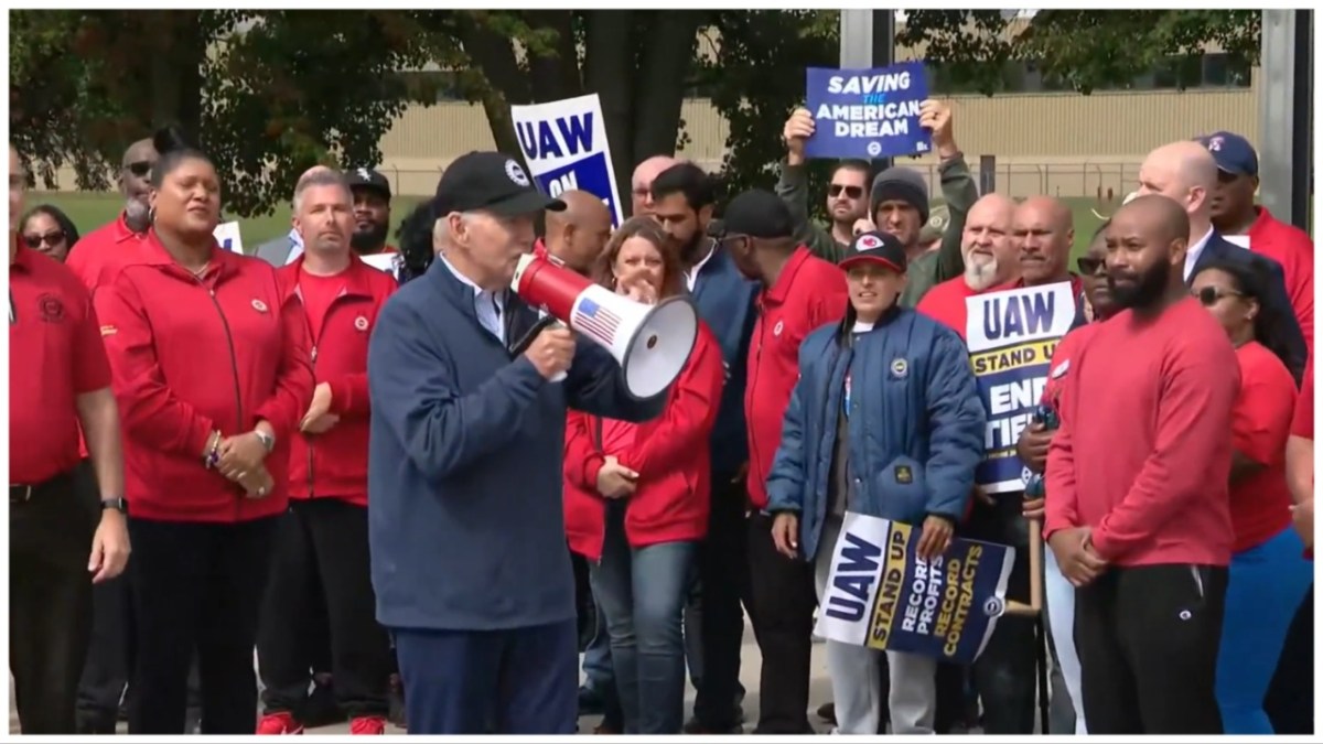 President Joe Biden speaks to the United Auto Workers members outside a General Motors plant in Belleville, Michigan. 