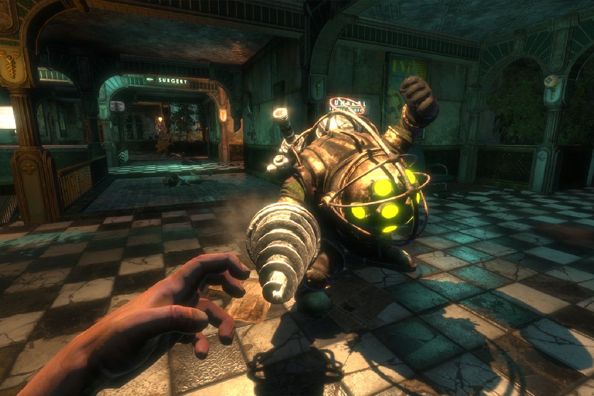 A Big Daddy lunges for the protagonist on "Bioshock"