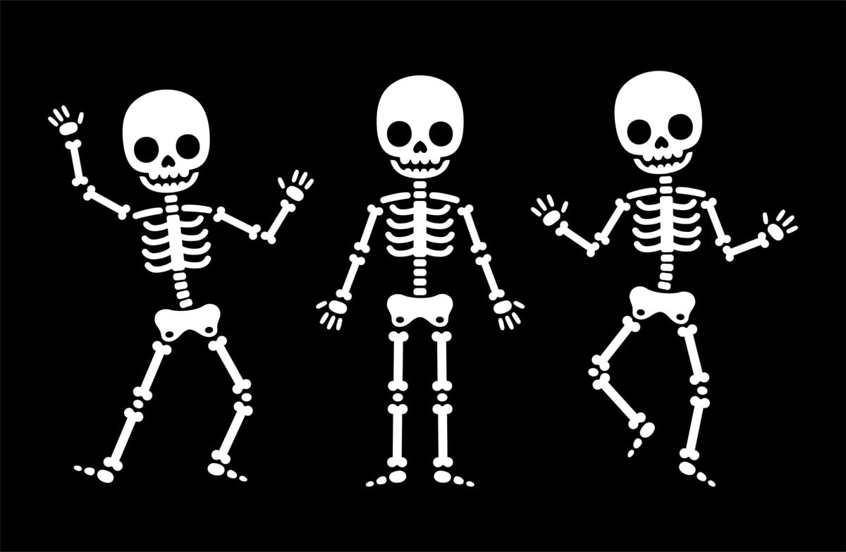 Funny cartoon dancing skeleton, simple black and white illustration.