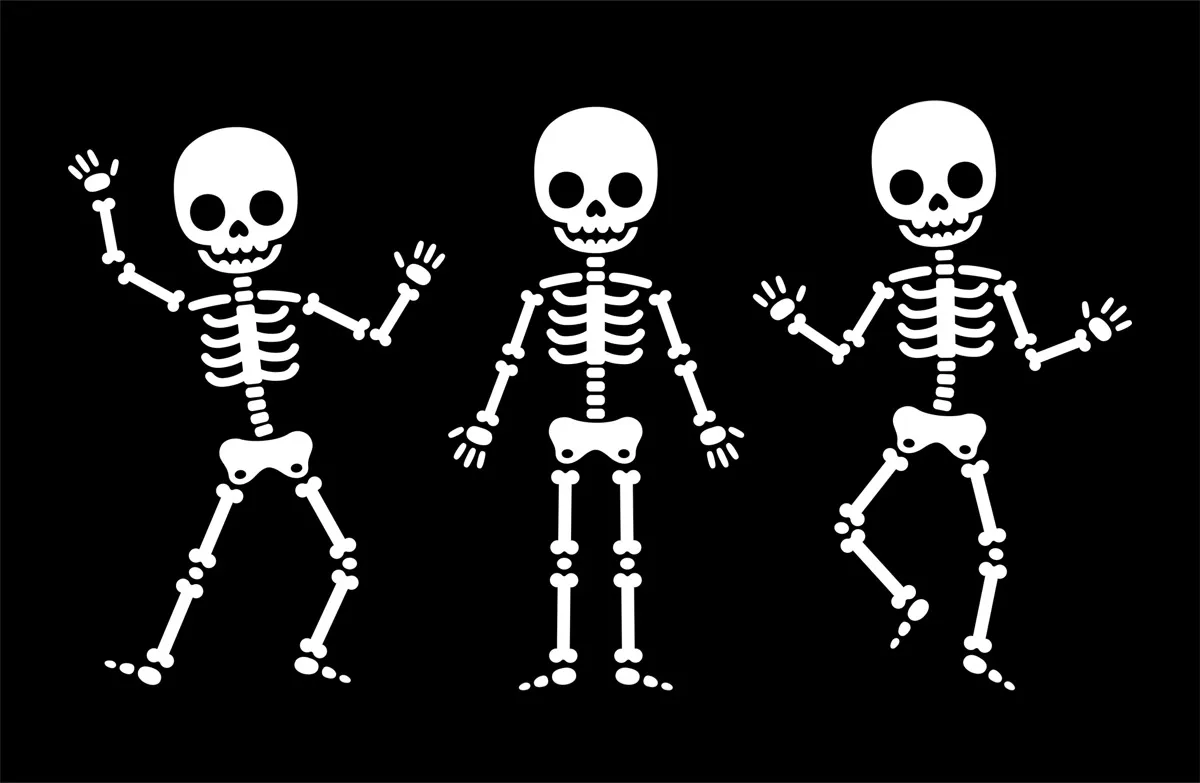 Funny cartoon dancing skeleton, simple black and white illustration.
