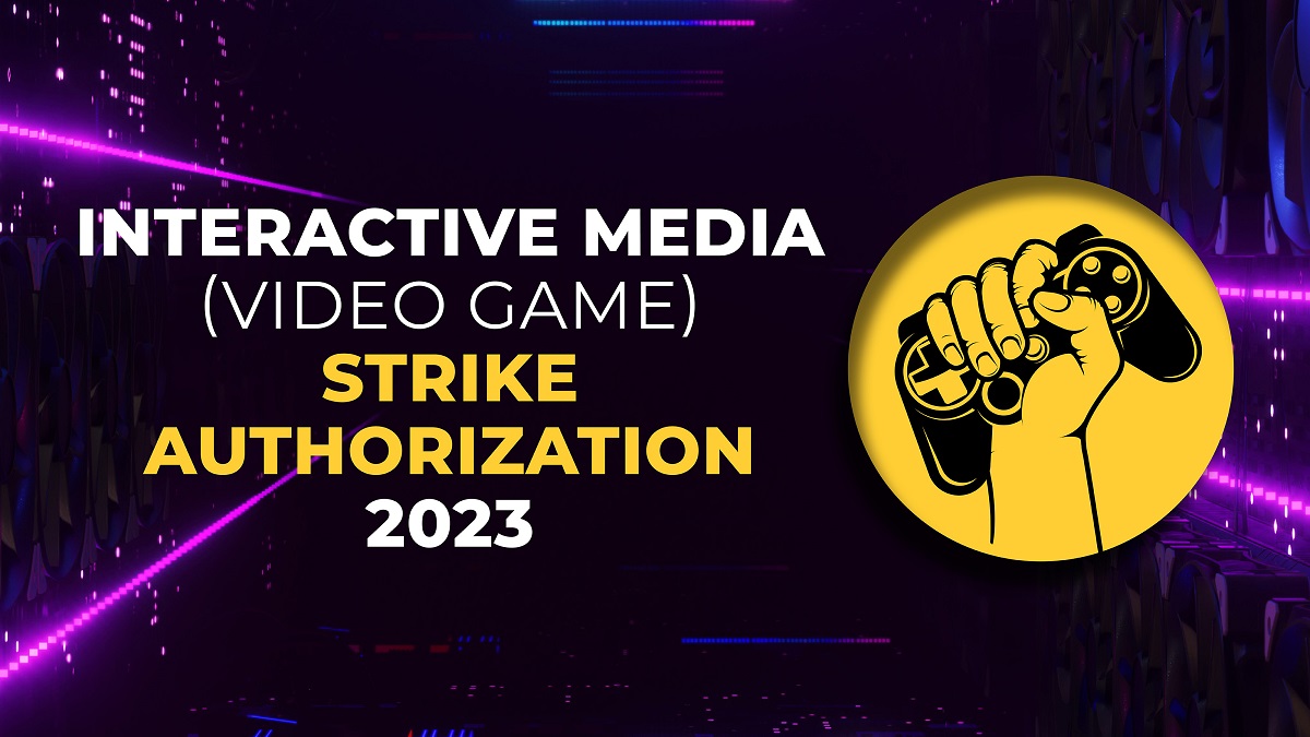 A graphic shared by SAG-AFTRA with text that reads "Interactive Media (Video Game) Strike Authorization 2023 in the center. The background is black and pink with cooling fans on both sides, resembling the inside of a gaming computer and a smaller graphic of a yellow fist grabbing a black controller is on the right of the image text.