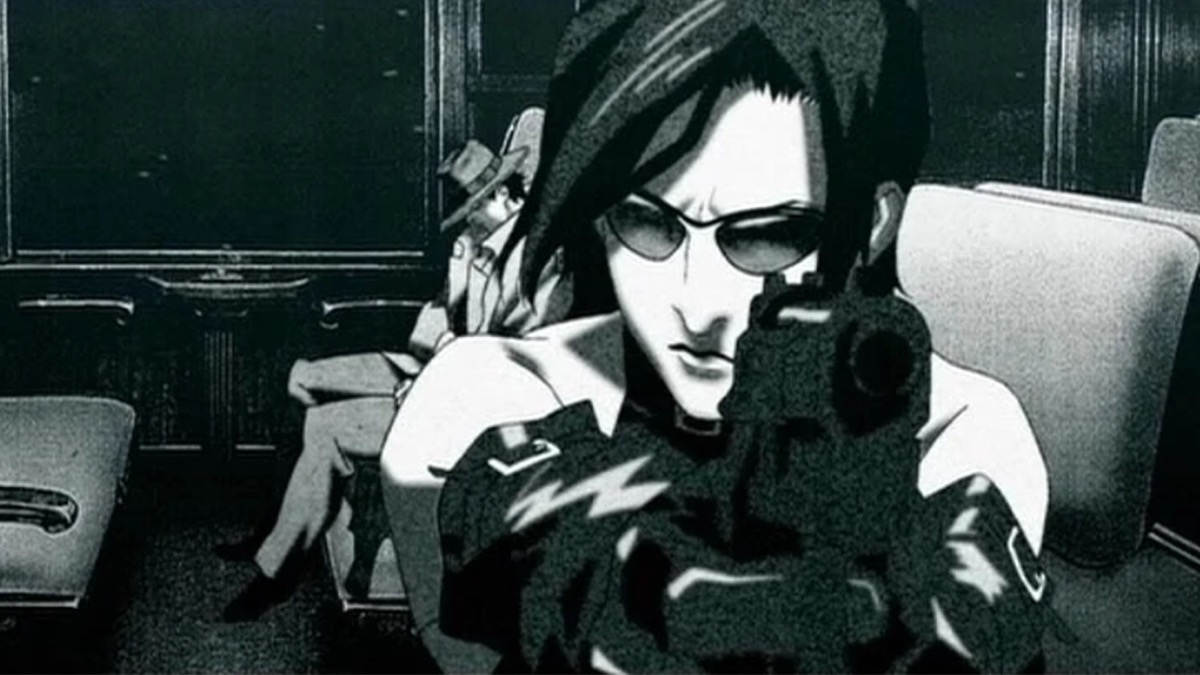 A woman in sunglasses aims a gun at an offscreen target in "Animatrix: Detective Story"