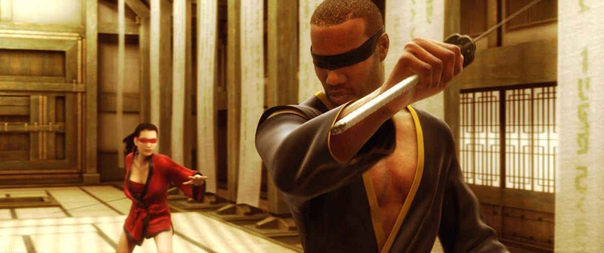 A blindfolded man and a woman spar with swords in a long hallway in "The Animatrix: Final Flight of the Osiris"