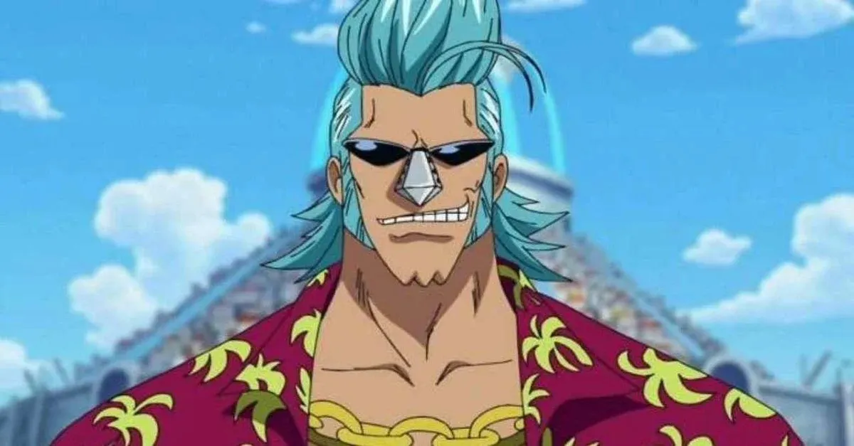 Franky smirks while standing against the blue sky in "One Piece"