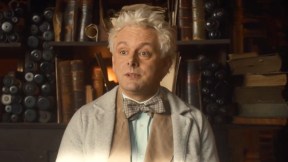 Michael Sheen looks surprised as Aziraphale in his bookshop in 'Good Omens' season 2