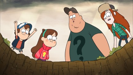Dipper, Mabel, Sus, and Wendy look into a hole in Gravity Falls.
