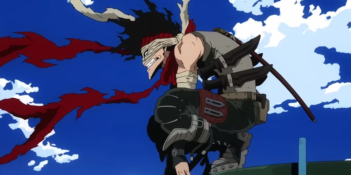 Hero Killer Stain perches on a rooftop while grimacing evilly in "My Hero Academia"