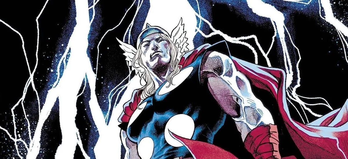 Illustration of Thor, smiling triumphantly as lightning crackles around him.