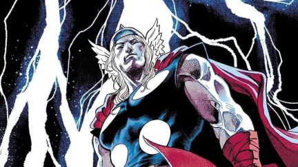 Illustration of Thor, smiling triumphantly as lightning crackles around him.