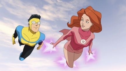 Invincible and Atom Eve flying together in 'Invincible'.