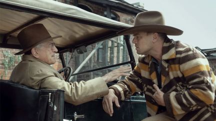 Ernest Burkhart (Leonardo DiCaprio) talking to his uncle William Hale (Robert De Niro) in 'Killers of the Flower Moon.'