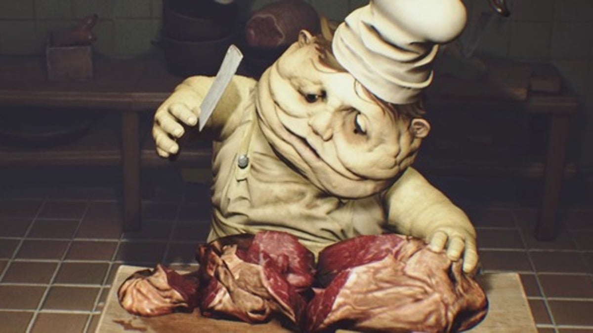 The Chef from "Little Nightmares" chops into raw meat with a cleaver 