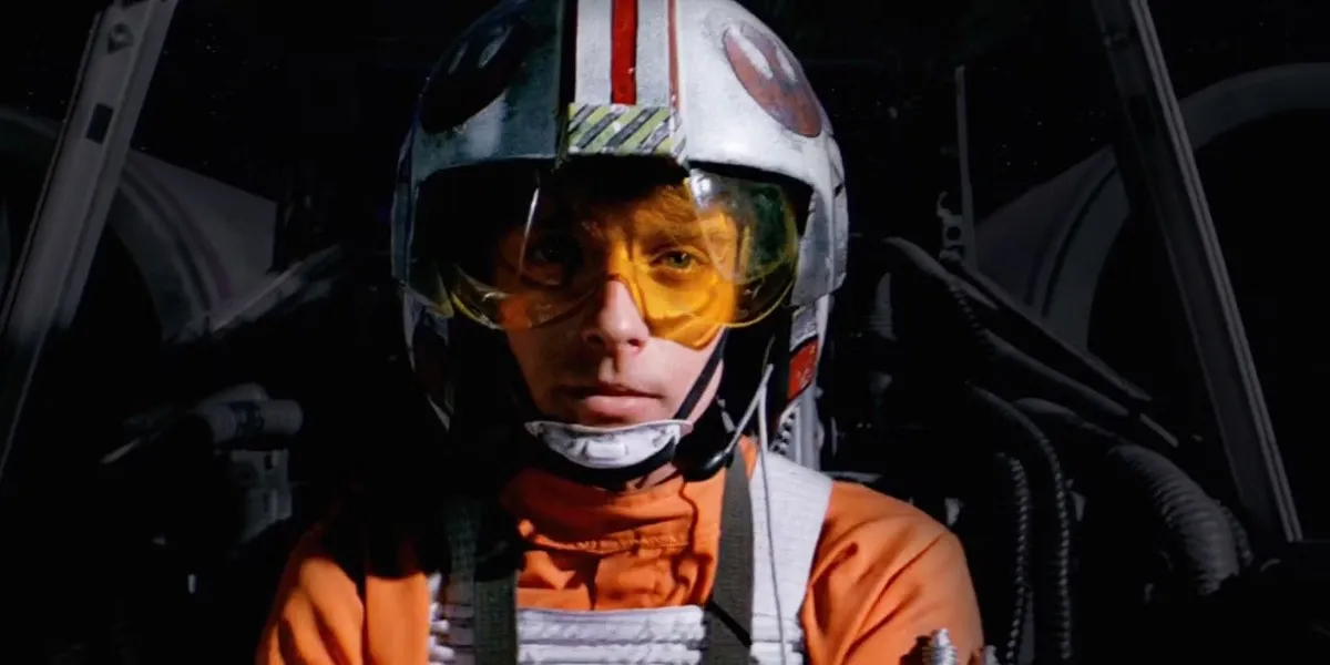 Luke Skywalker sitting the cockpit of his X-wing during the Battle of Yavin in "Star Wars: A New Hope"