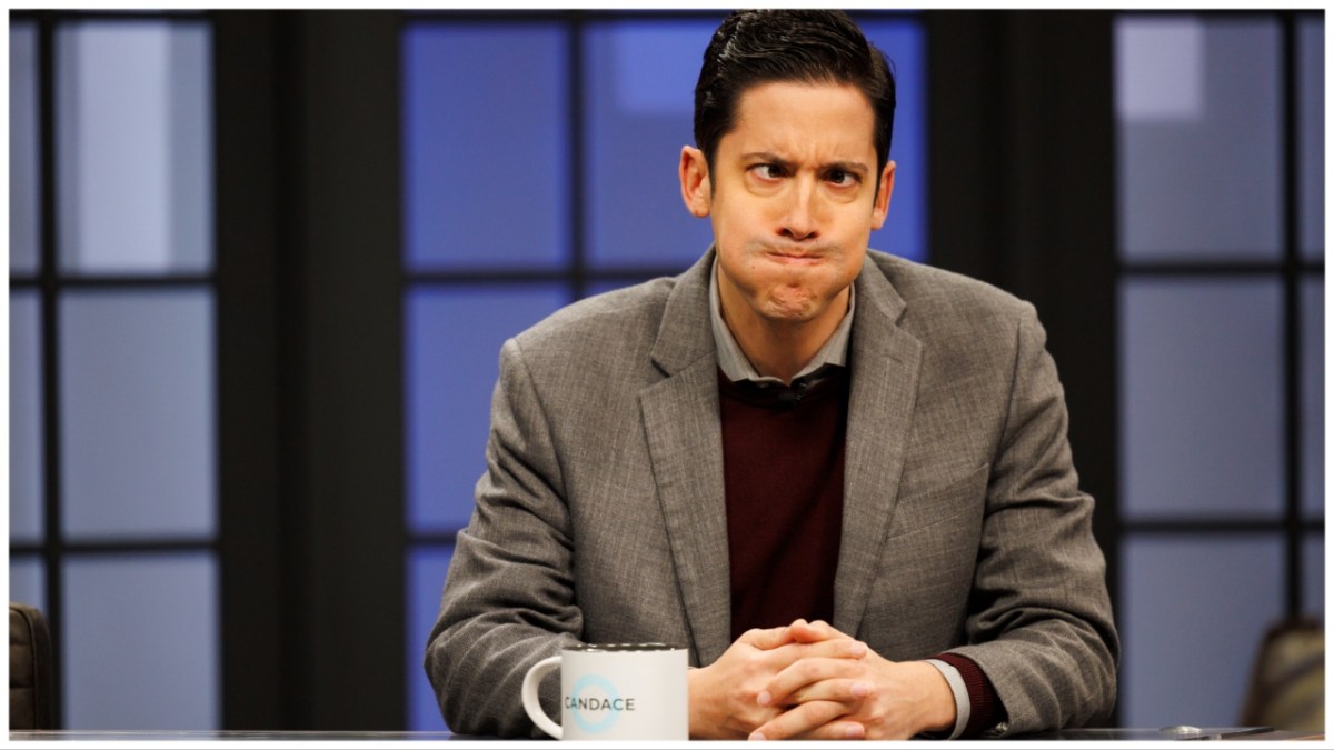 NASHVILLE, TN - JANUARY 11: Michael Knowles makes a face prior to cameras rolling as he appears as a guest during a taping of "Candace" hosted by Candace Owens on January 11, 2022 in Nashville, Tennessee.