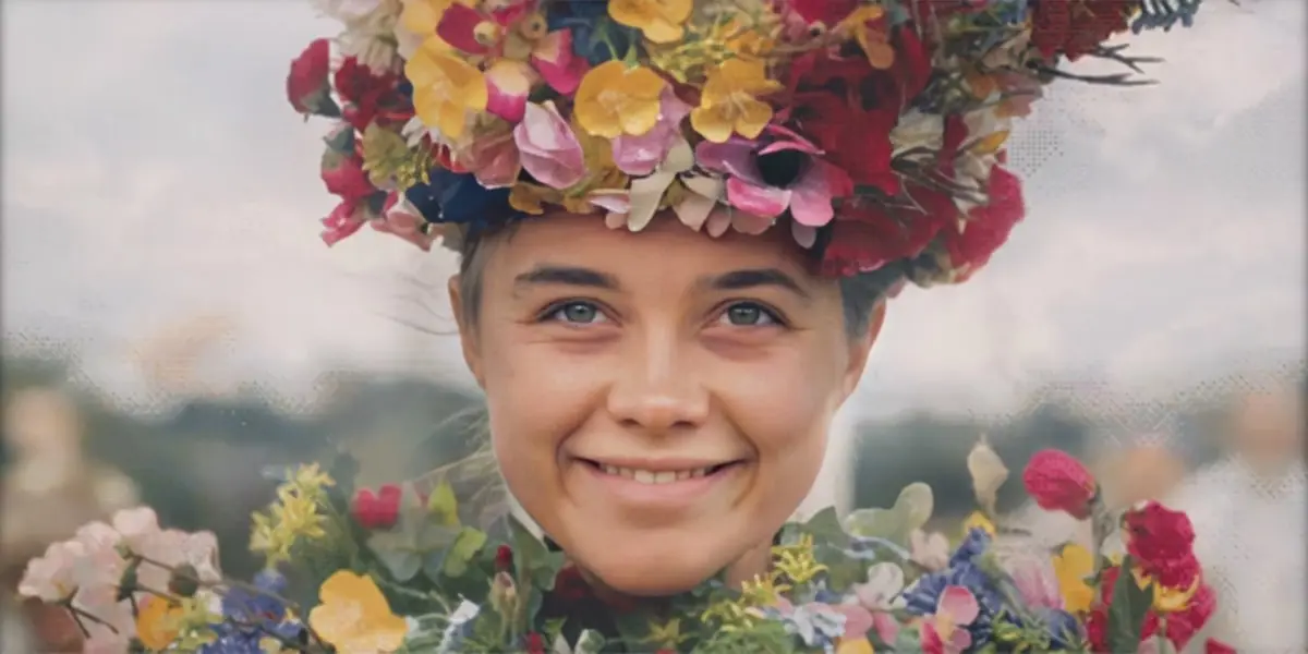 Dani smiling in a crown of flowers in 'Midsommar'.
