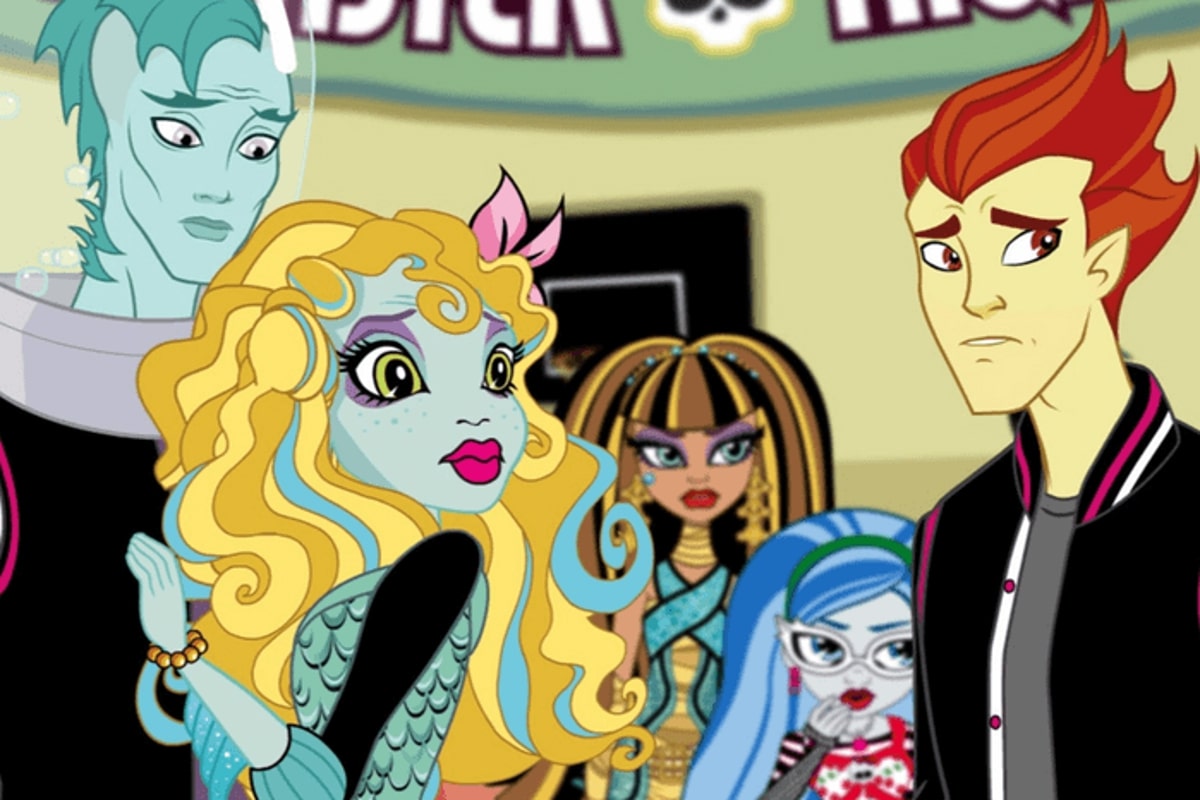 Monster High Fright On; Laguna Blue, a blue skinned blonde creature, stands next to another blue water creature in a helmet across from a red headed, yellow skinned man, with some other characters behind them. They all look concerned