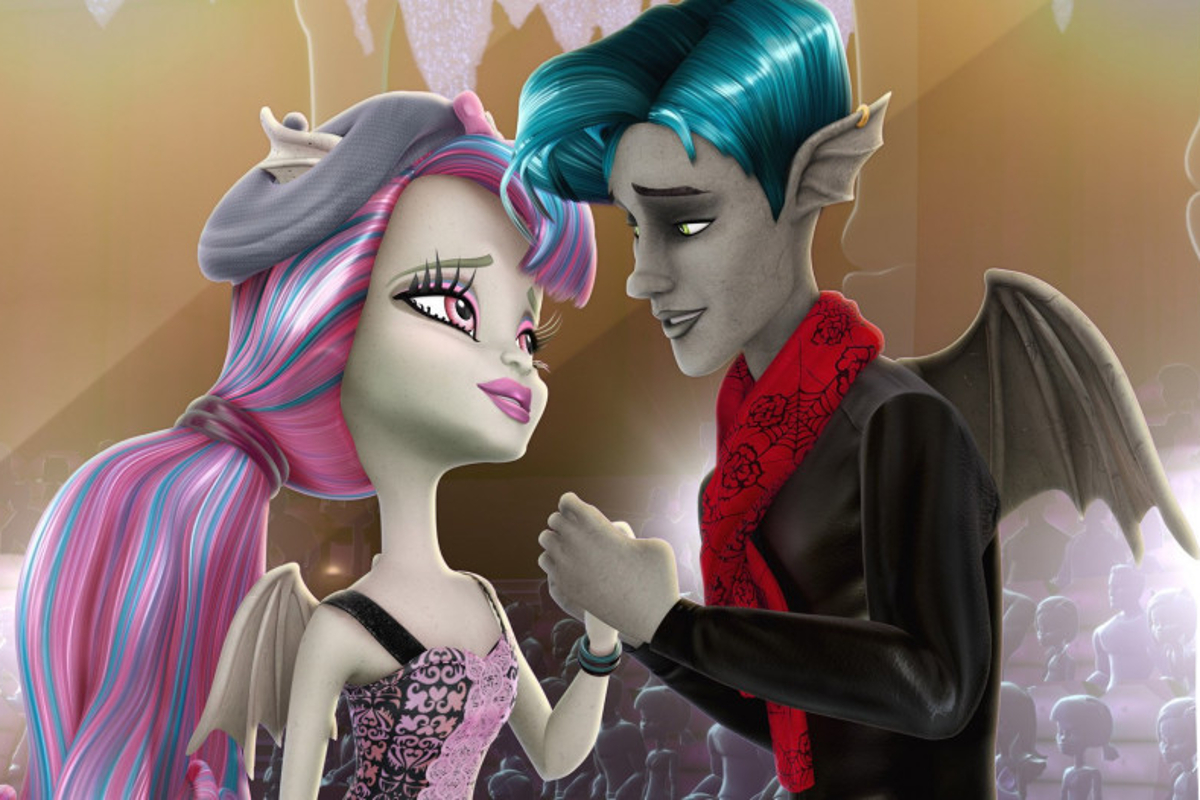 Monster High: Scaris City of Frights; Draculaura, wearing a blue berest, holds hands with and looks into the eyes of a gargoyle.