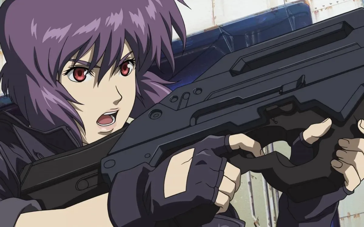 The soldier Motoko Kusanagi aims a rifle at an offscreen target in "Ghost In The Shell: Stand Alone Complex"